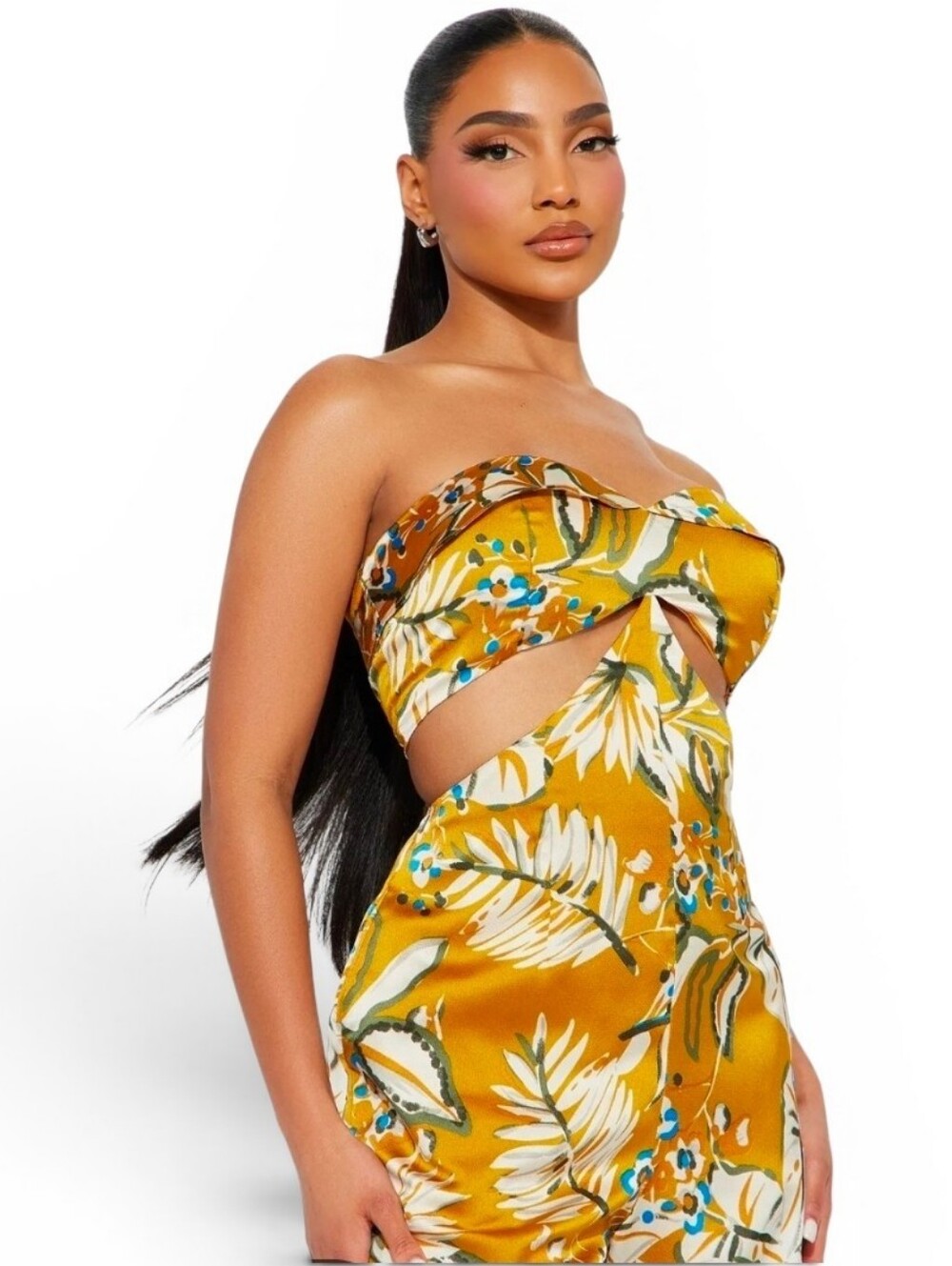 FASHION NOVA Marigold Satin Pack Your Bags Cut Out Strapless Jumpsuit - Large - Picture 2 of 12